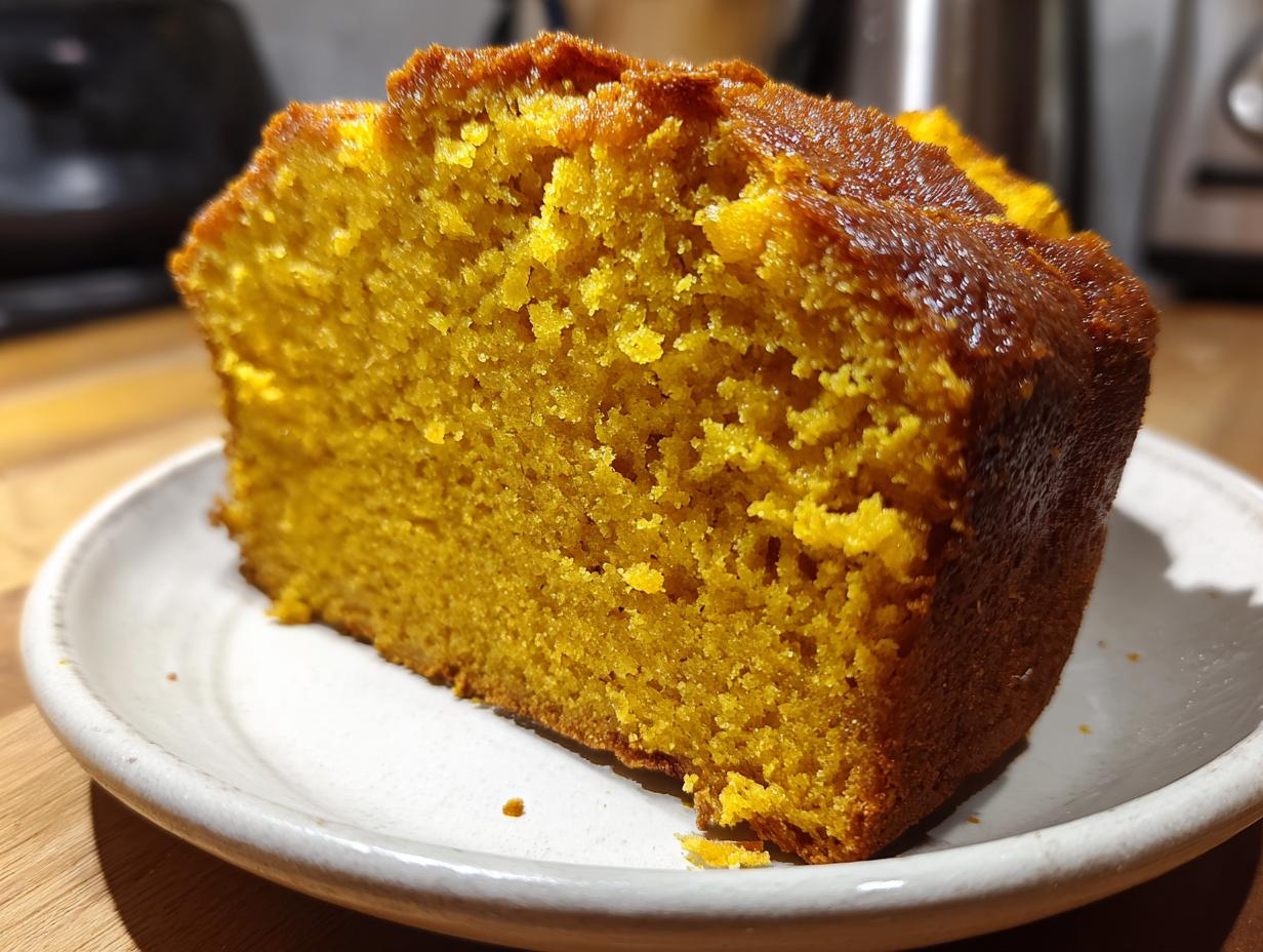 Close-up of a thick, moist slice of bright orange pumpkin bread on a small white plate.