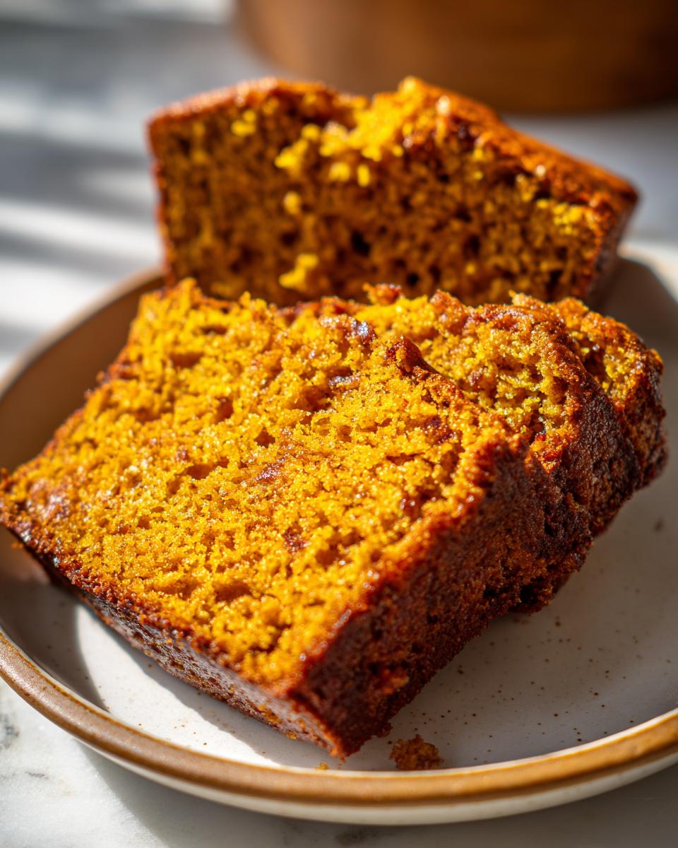 Close-up of two moist, vibrant orange slices of pumpkin bread on a speckled plate.