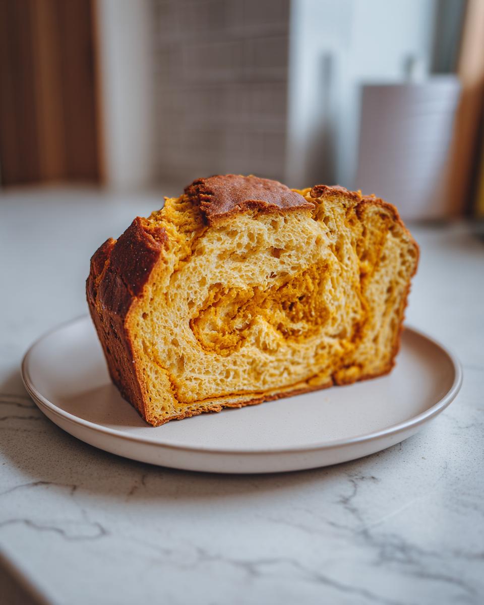 A thick slice of pumpkin sourdough loaf showing a moist, swirled orange crumb on a light plate.