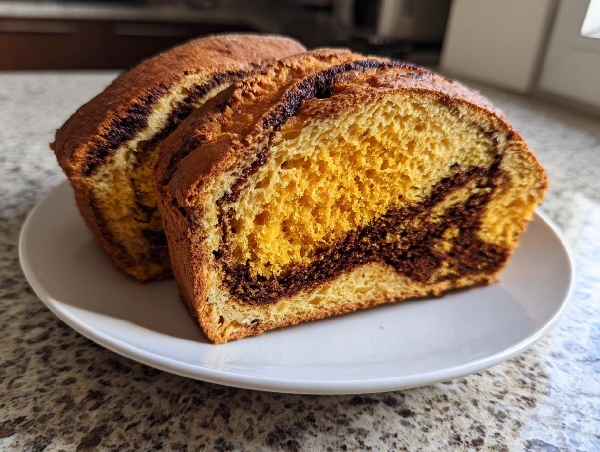 Close-up of two thick slices of pumpkin sourdough loaf showing a moist, yellow crumb swirled with dark chocolate or cinnamon filling.