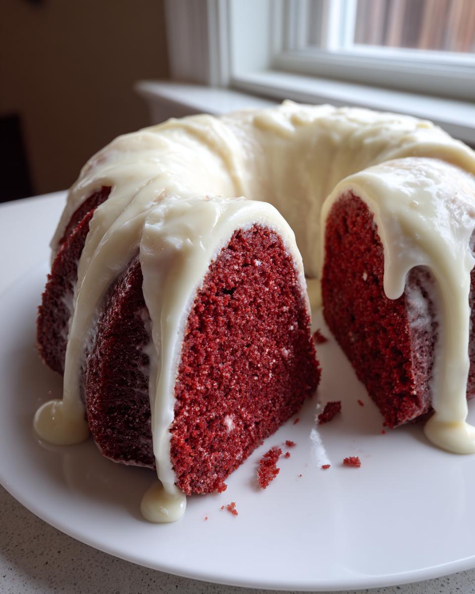 A slice cut from a moist red velvet bundt cake topped with thick, dripping cream cheese glaze.