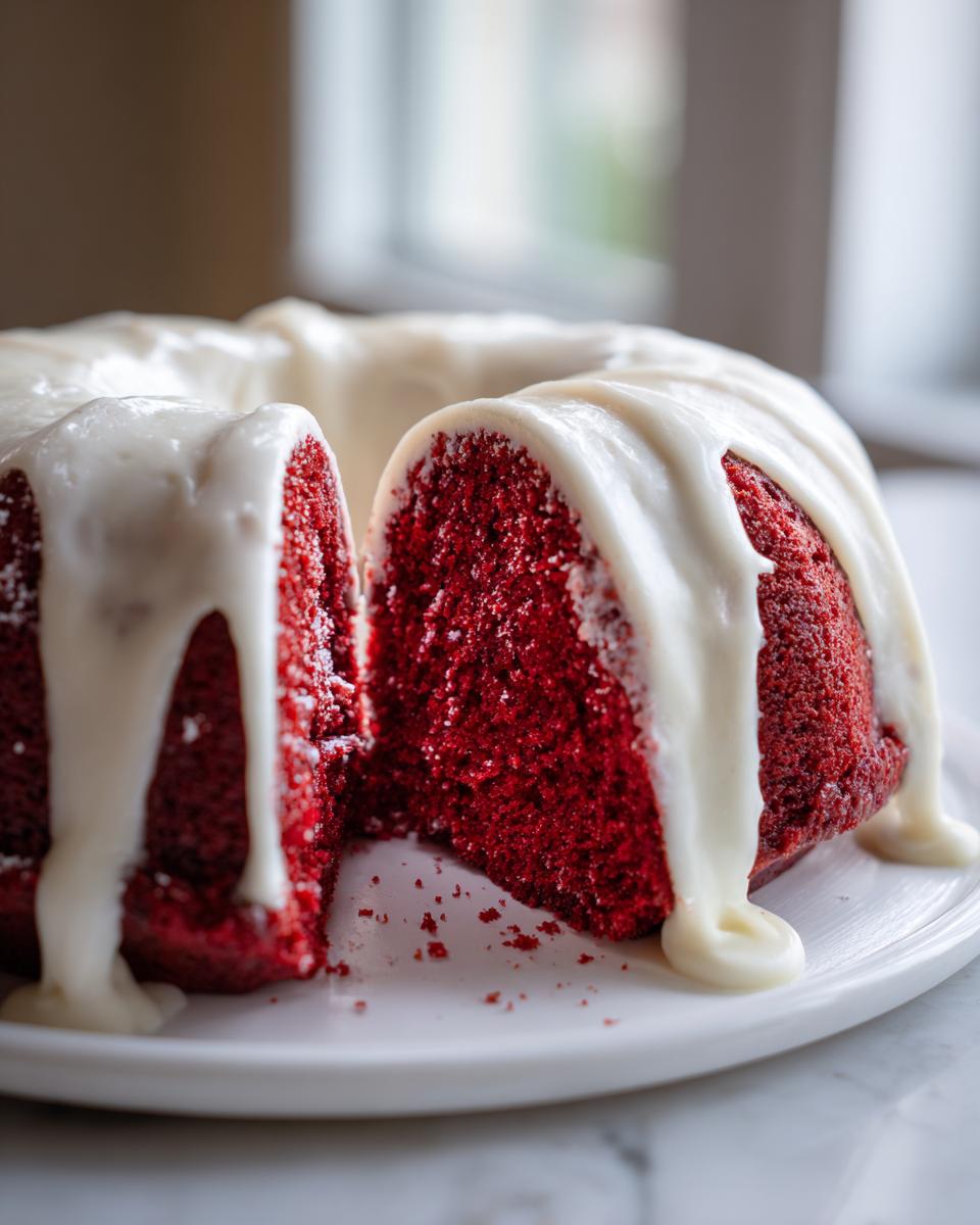 Close-up of a moist red velvet bundt cake with a thick, white cream cheese glaze dripping down the sides.