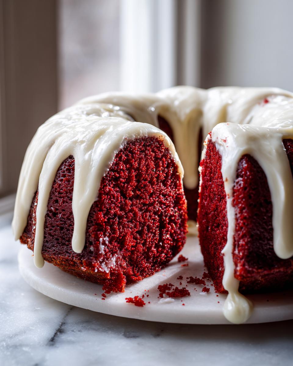 A slice cut from a rich, moist red velvet bundt cake topped with thick white cream cheese glaze.