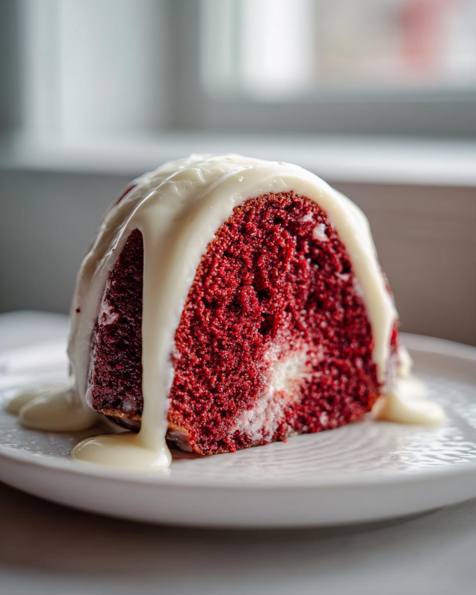 Close-up of a moist slice of red velvet bundt cake topped with thick, dripping cream cheese glaze.