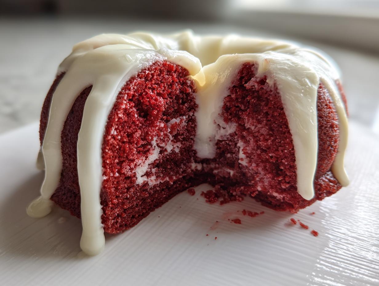 Close-up of a slice taken out of a moist red velvet bundt cake topped with dripping white cream cheese glaze.