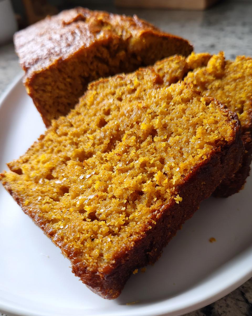 Close-up of moist, orange-hued slices of pumpkin bread on a white plate, showing a sugary crust.
