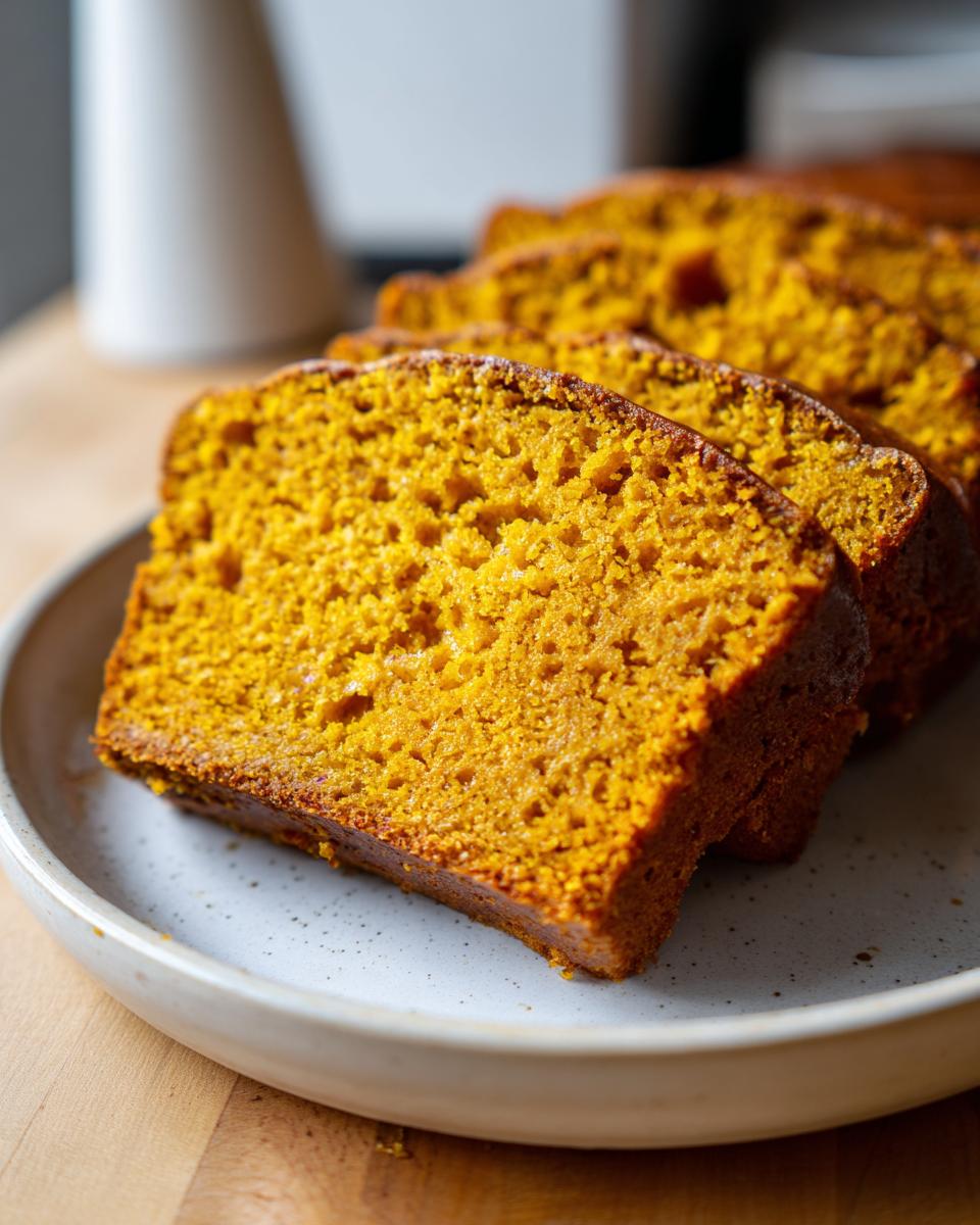 Close-up of several moist slices of vibrant orange pumpkin bread arranged on a speckled plate.