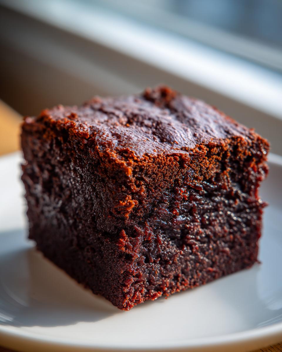 Close-up of a rich, dark, and moist square of date brownies sitting on a white plate.