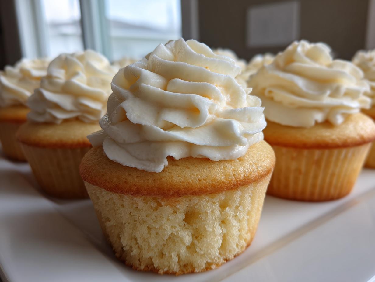 Close-up of several moist vanilla cupcakes topped with perfectly piped white vanilla frosting.