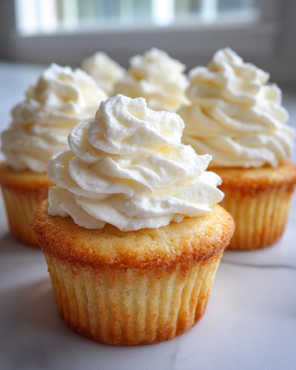 Close-up of perfectly baked vanilla cupcakes topped with tall swirls of white frosting.