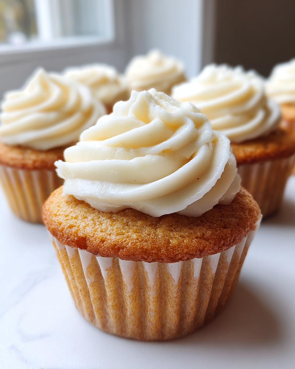 Close-up of a perfectly baked vanilla cupcake topped with a generous swirl of white vanilla frosting.
