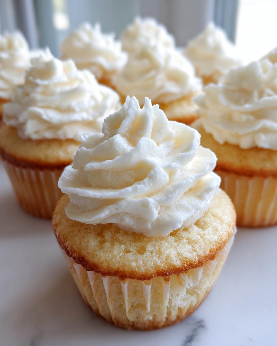Close-up of a perfectly baked vanilla cupcake topped with a generous swirl of white buttercream frosting.