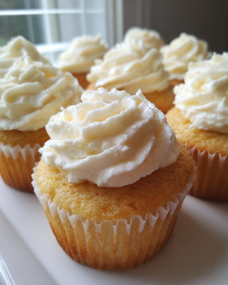 Close-up of several moist vanilla cupcakes topped with swirls of white buttercream frosting.
