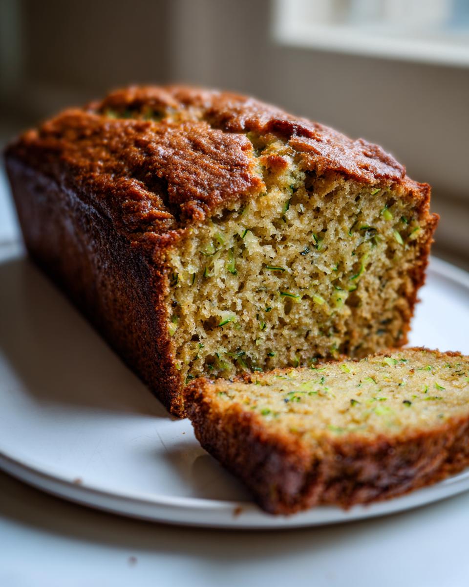 A golden-brown loaf of zucchini banana bread, partially sliced on a white plate, showing moist texture.