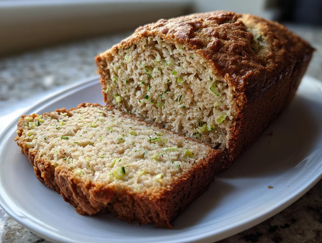 A freshly baked loaf of zucchini banana bread, partially sliced, showing the moist texture and green shreds of zucchini.