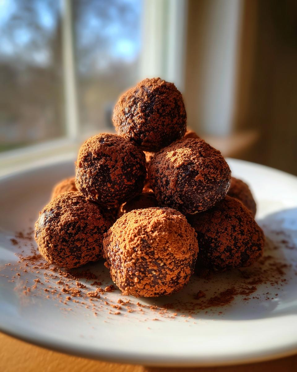 A stack of rich, dark bourbon balls generously coated in cocoa powder, resting on a white plate.