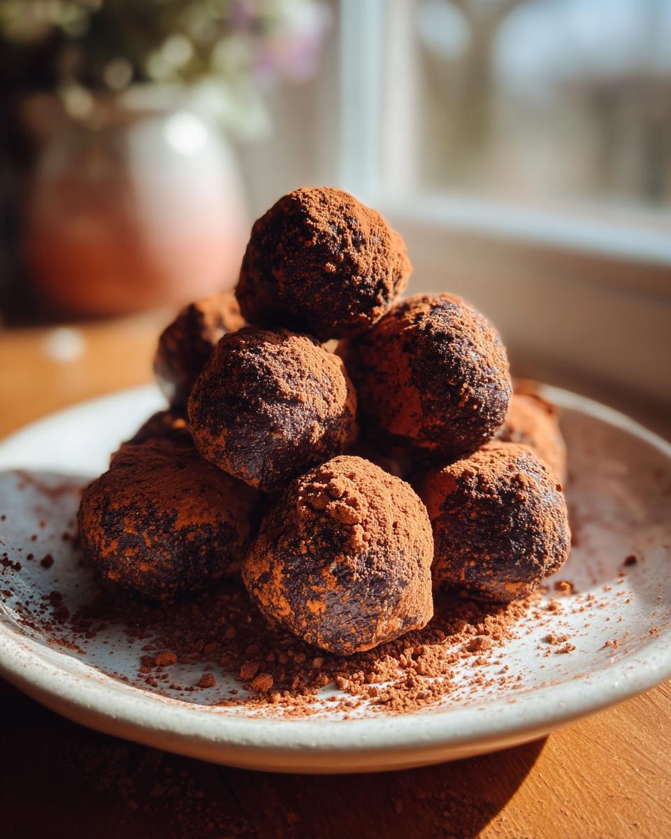 A stack of rich, dark bourbon balls heavily dusted with cocoa powder, sitting on a rustic white plate.