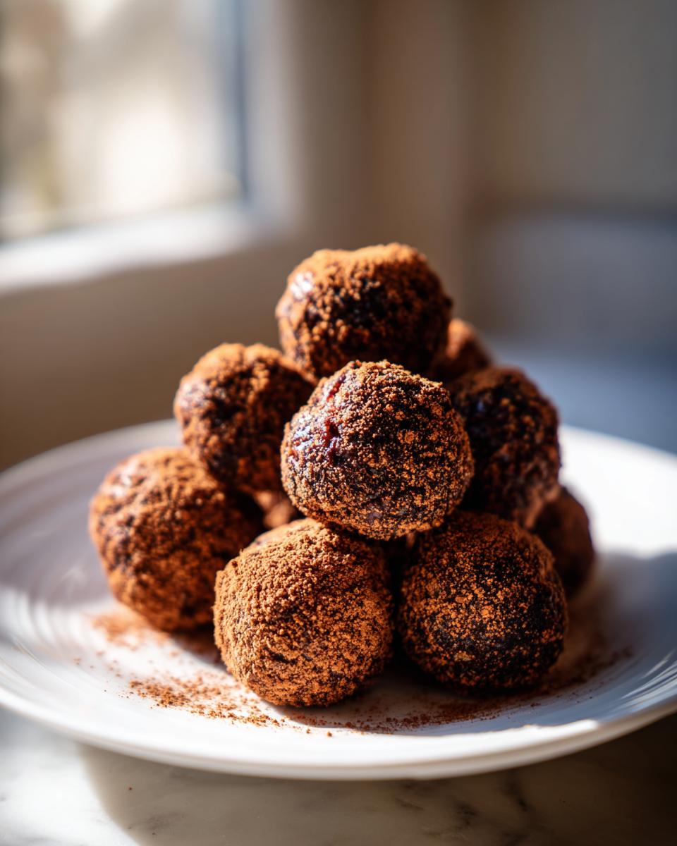 A stack of rich, dark bourbon balls generously dusted with cocoa powder, sitting on a white plate.