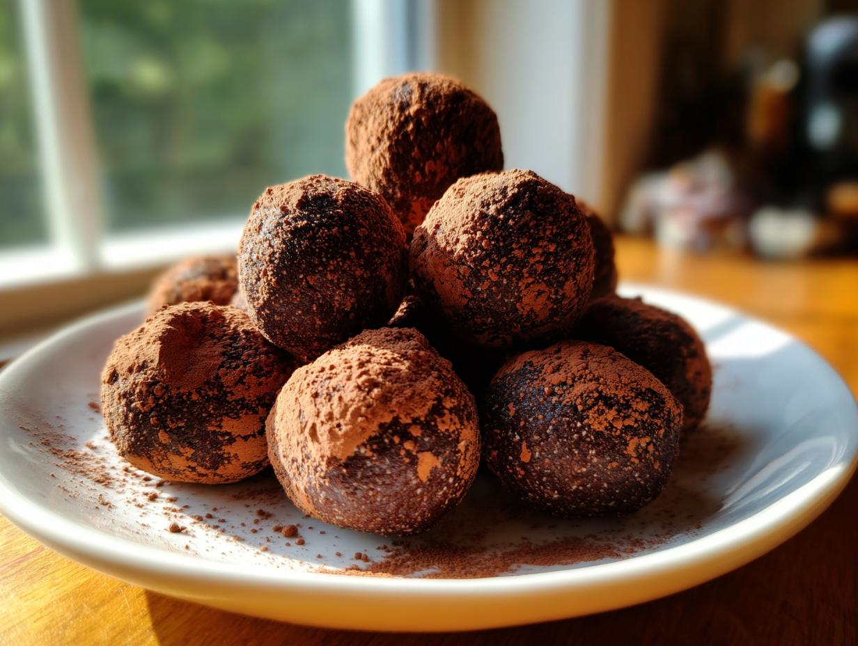 A close-up stack of rich, dark bourbon balls heavily dusted with cocoa powder, resting on a white plate.