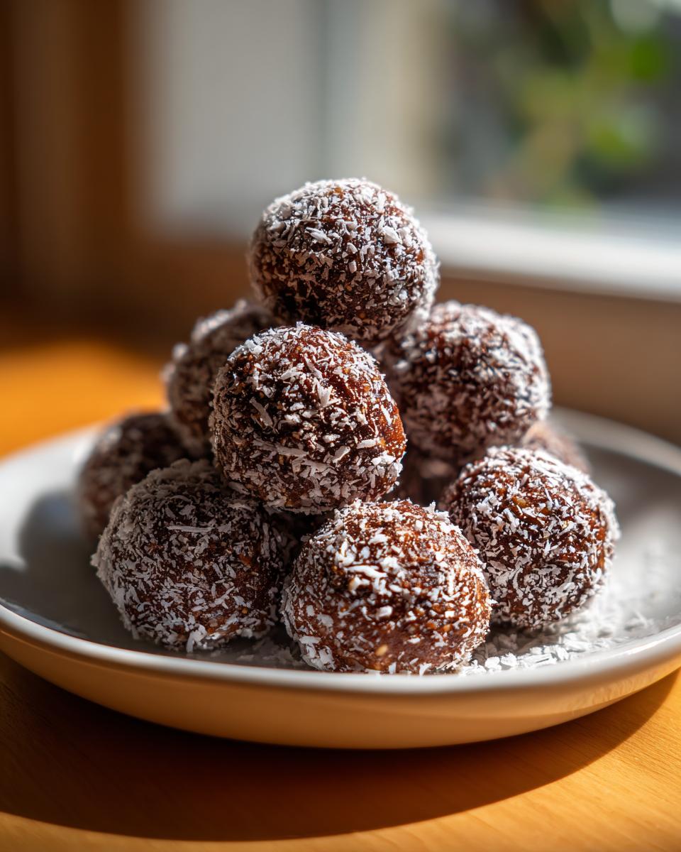 A stack of rich, dark bourbon balls rolled in shredded coconut, sitting on a small white plate.