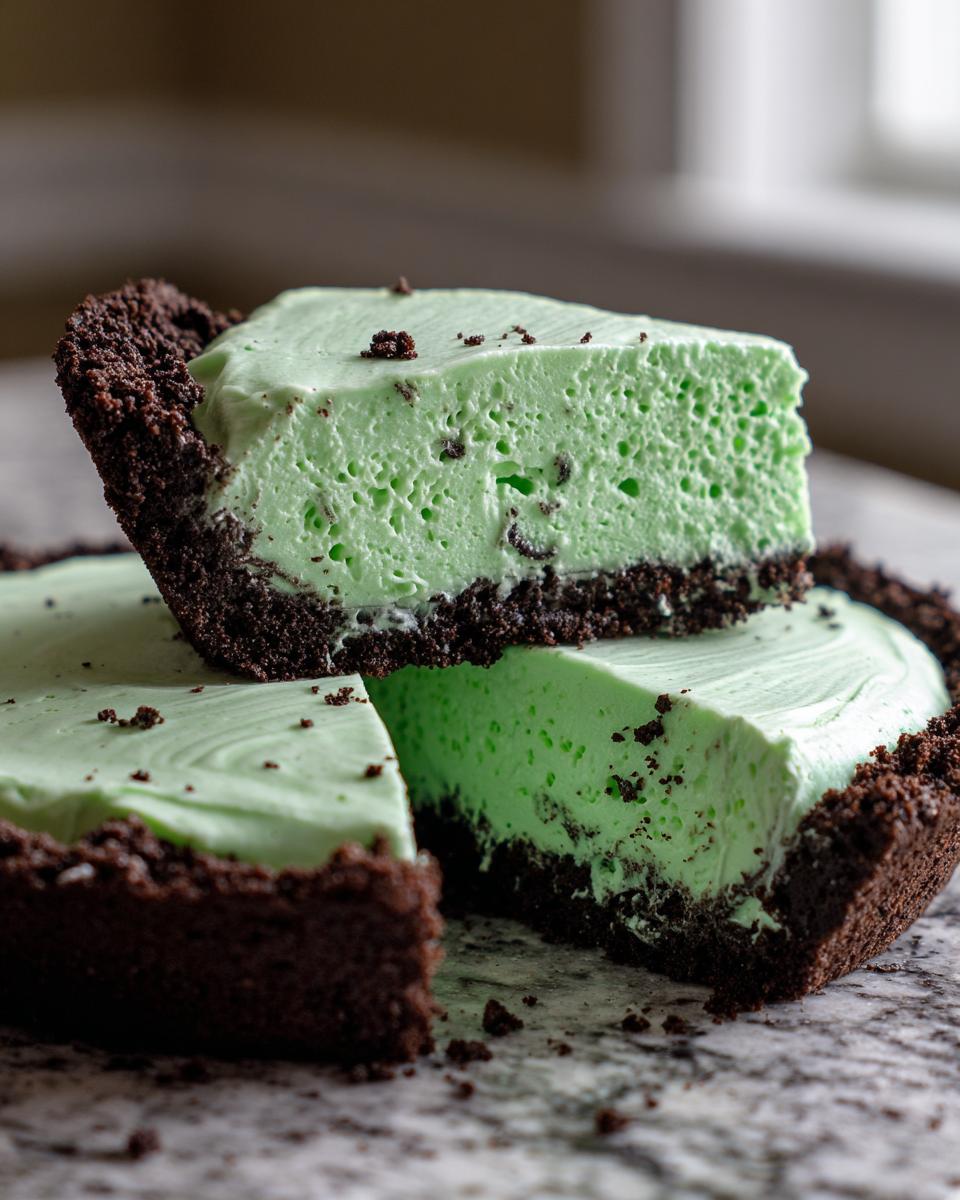 Close-up of a slice of no-bake grasshopper pie showing the light green filling and dark chocolate cookie crust.