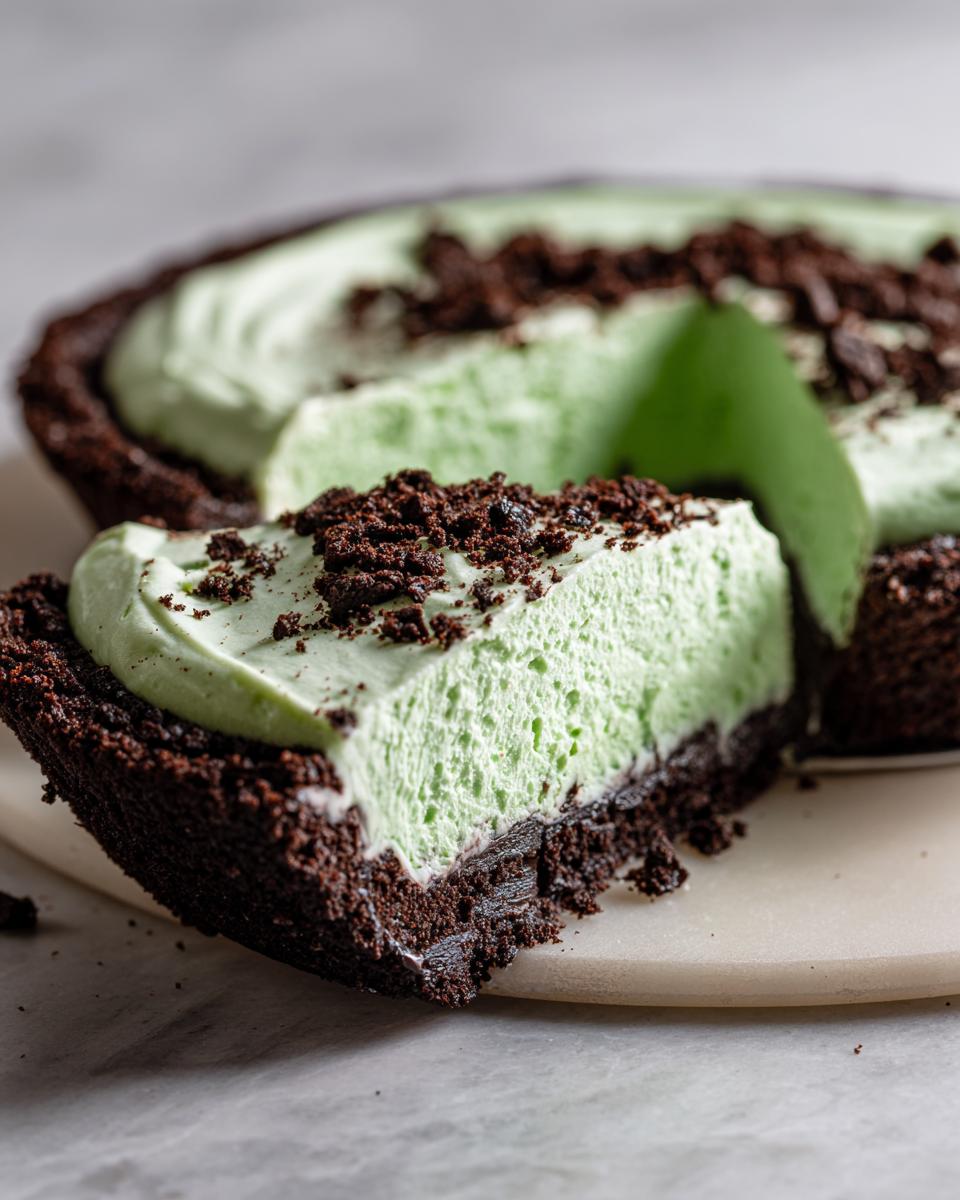 A close-up of a slice of no-bake grasshopper pie showing the mint green filling and dark chocolate crust, topped with cookie crumbs.