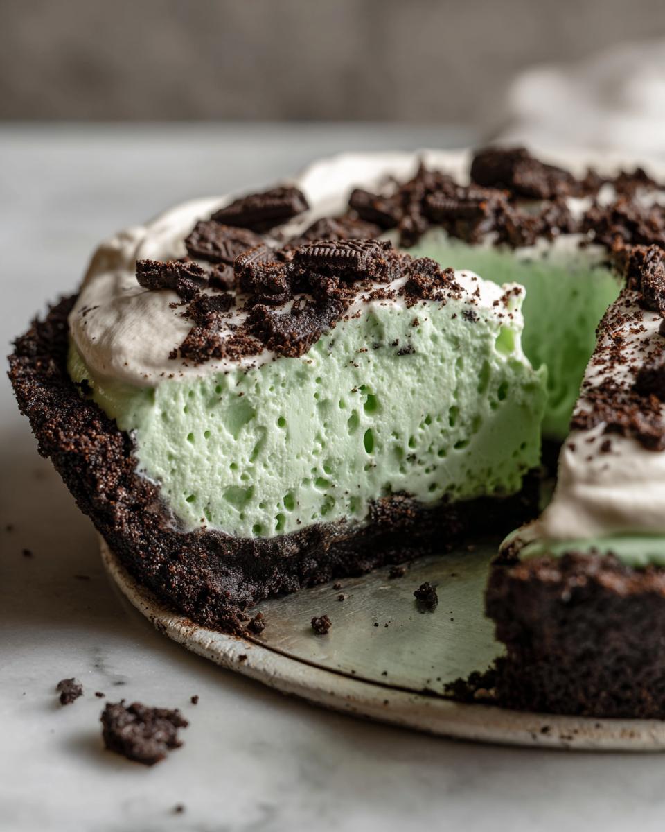 Close-up of a slice of no-bake grasshopper pie showing the light green filling, dark chocolate crust, and cookie crumble topping.