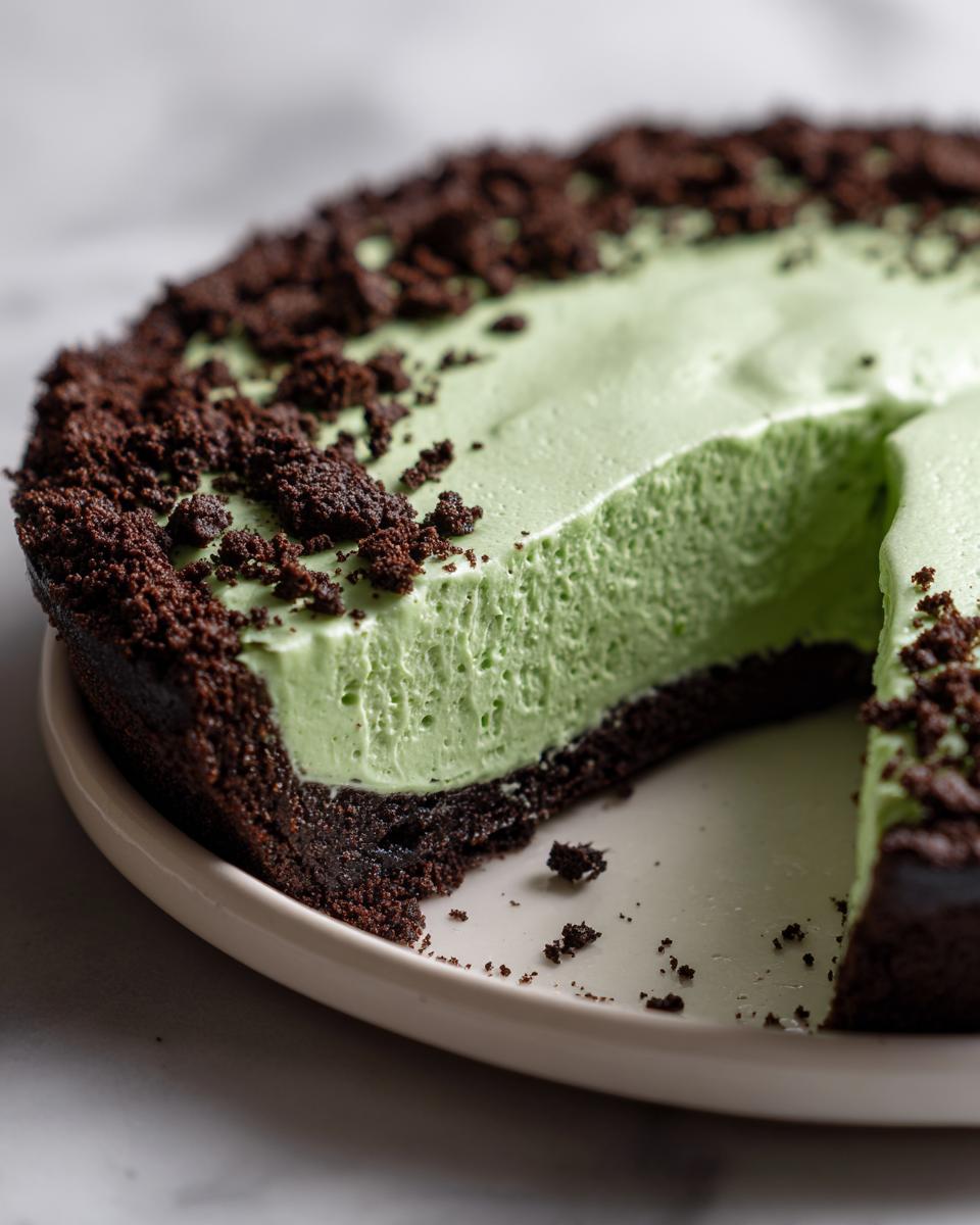 Close-up of a no-bake grasshopper pie showing the bright green filling and dark chocolate cookie crust with crumbs.