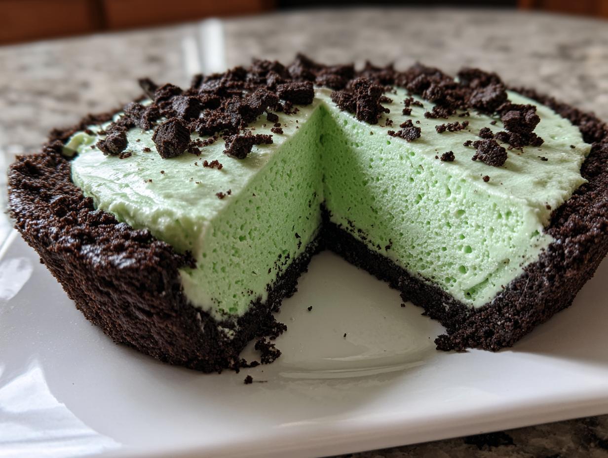 A slice removed from a no-bake grasshopper pie showing the bright green filling and dark chocolate crust, topped with cookie crumbs.