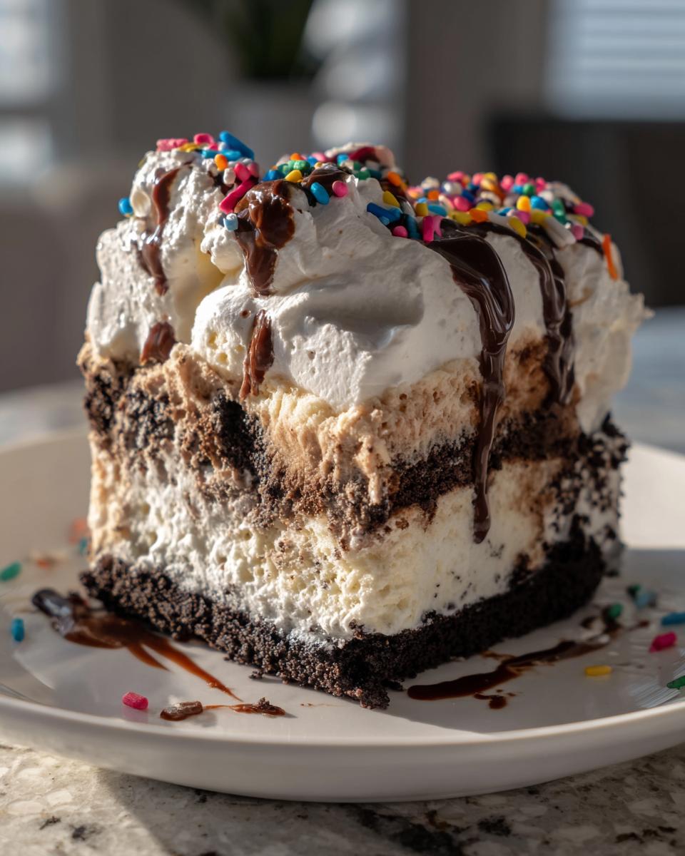 A tall slice of no-bake ice cream cake featuring chocolate crust, layered ice cream, whipped topping, and chocolate drizzle.