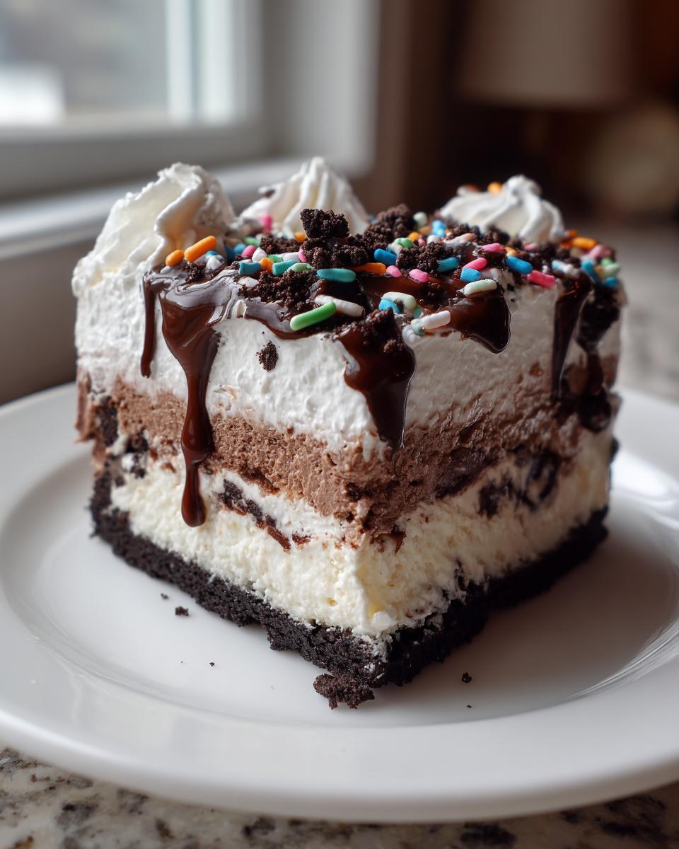 A decadent slice of no-bake ice cream cake featuring layers of cream, chocolate mousse, and an Oreo crust, topped with fudge and sprinkles.