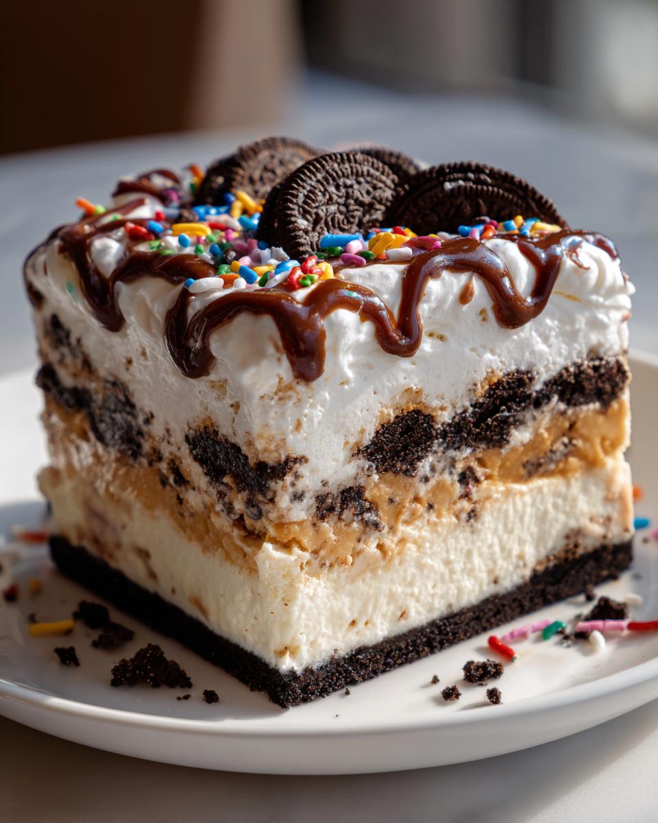 A square slice of layered no-bake ice cream cake topped with whipped cream, chocolate drizzle, sprinkles, and Oreo cookies.