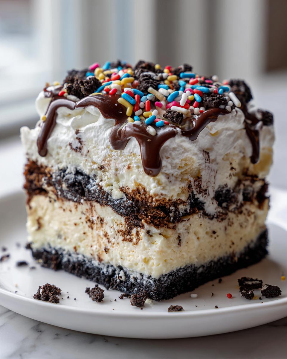 A decadent slice of no-bake ice cream cake featuring layers of cookies and cream, topped with whipped cream, chocolate syrup, and colorful sprinkles.