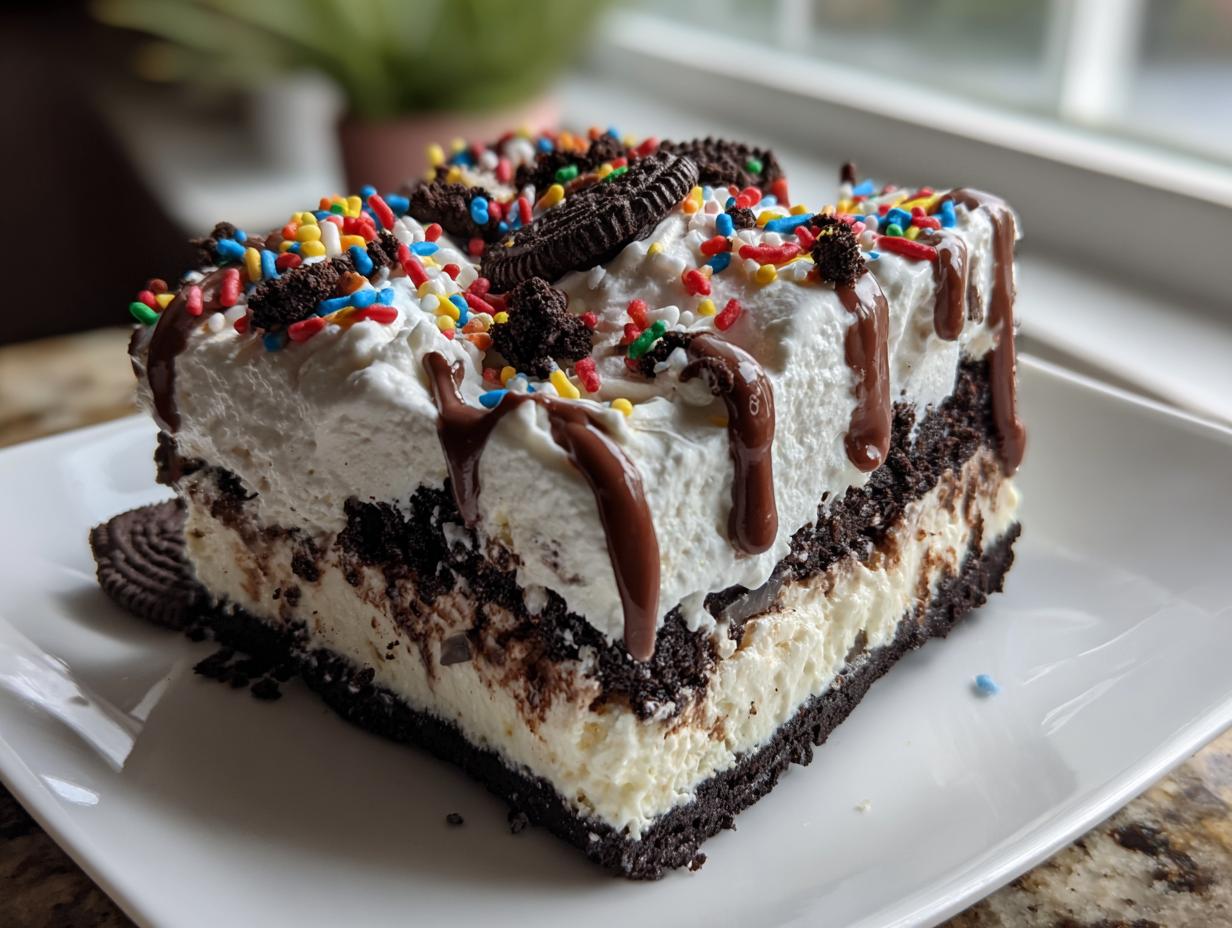A decadent slice of no-bake ice cream cake featuring layers of chocolate cookie crust, creamy filling, whipped topping, and sprinkles.