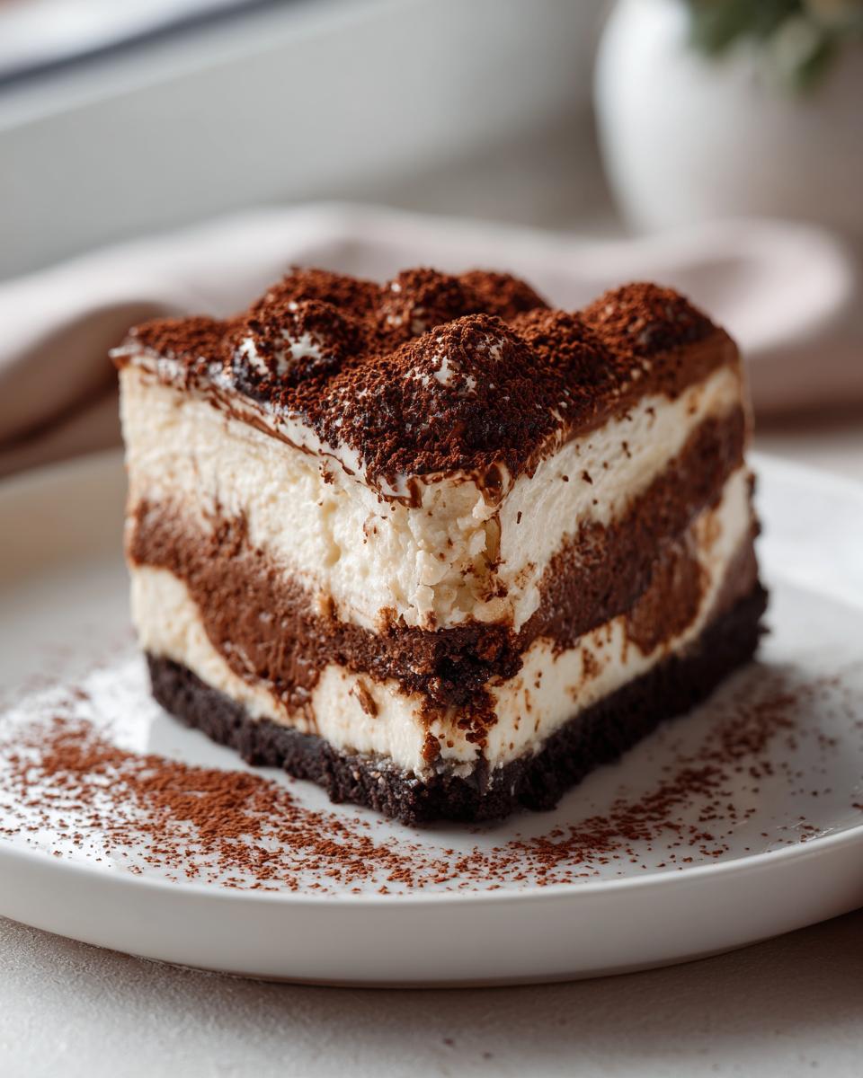 A perfect square slice of no bake tiramisu cheesecake with layers of cream and chocolate on a white plate dusted with cocoa.
