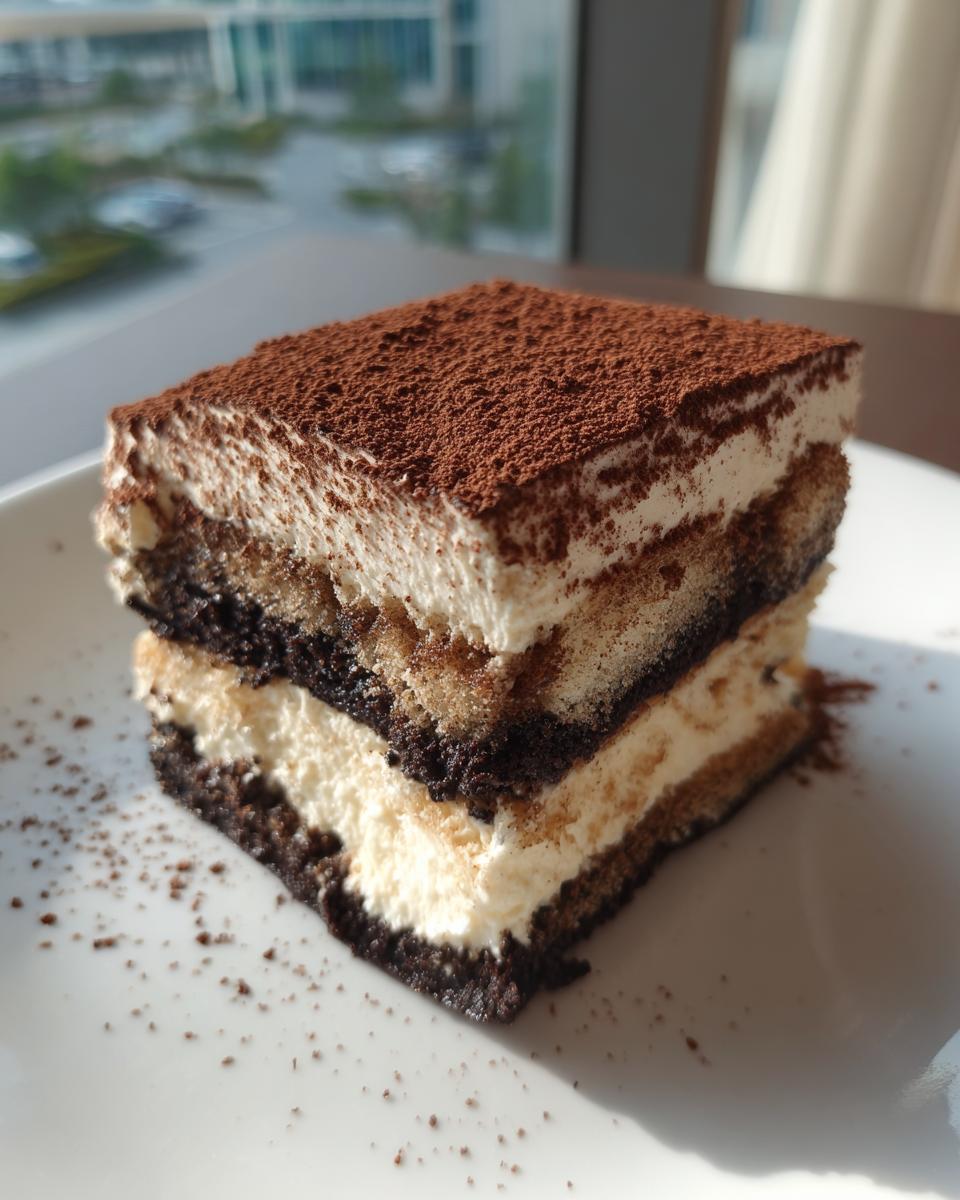A square slice of layered tiramisu cheesecake dusted heavily with cocoa powder.