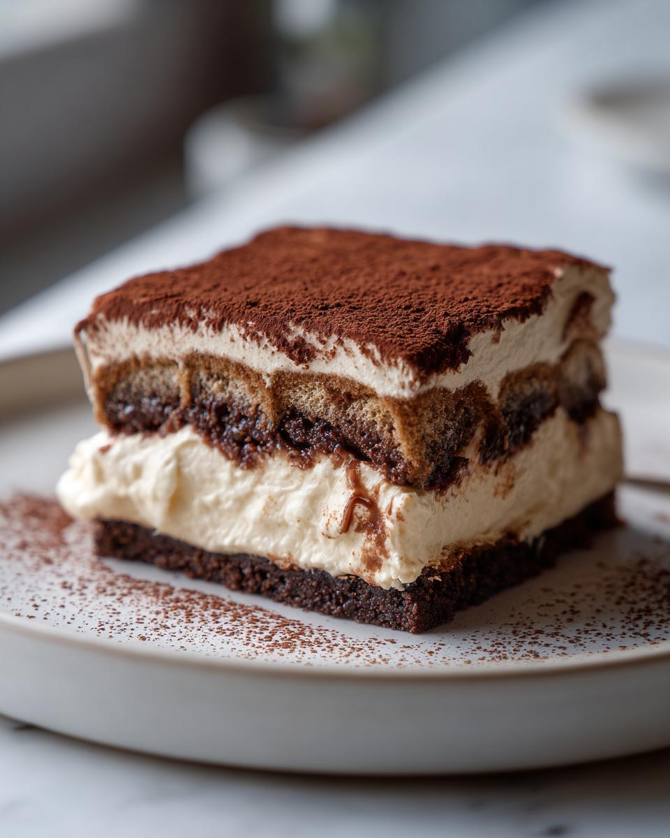 A decadent slice of no bake tiramisu cheesecake layered with cream and dusted heavily with cocoa powder.