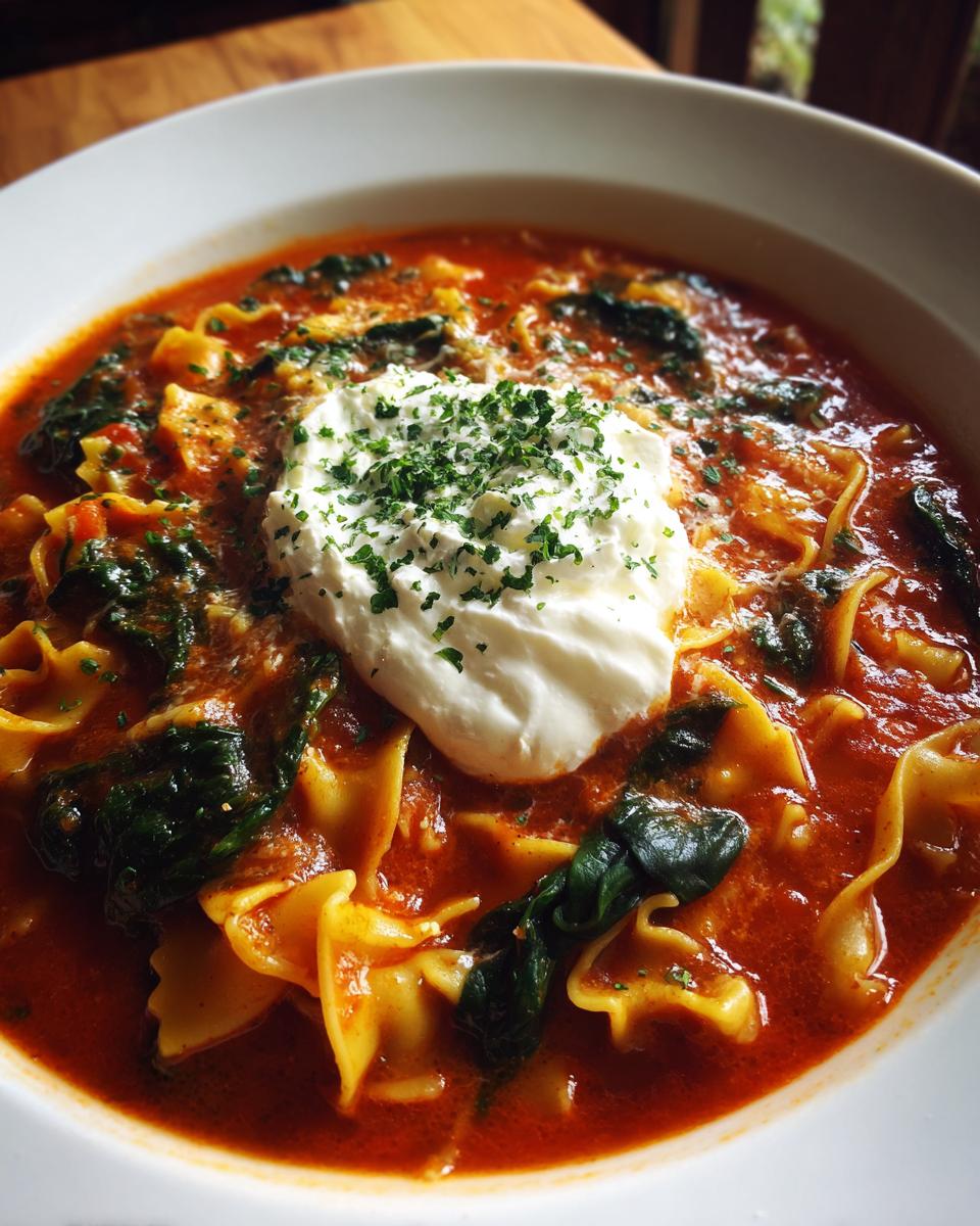 Close-up of a bowl of rich, tomato-based one pot lasagna soup featuring ruffled pasta and spinach, topped with a dollop of ricotta and parsley.