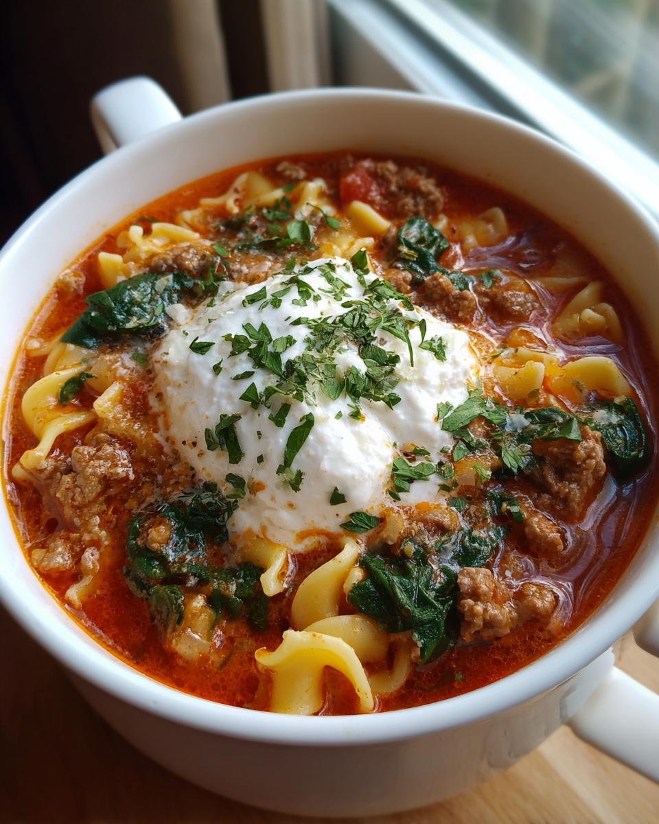 Close-up of a white bowl filled with rich, red one pot lasagna soup topped with a dollop of ricotta and fresh parsley.
