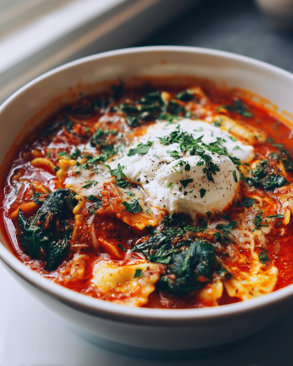Close-up of a bowl of rich, red one pot lasagna soup topped with a dollop of ricotta cheese and fresh parsley.