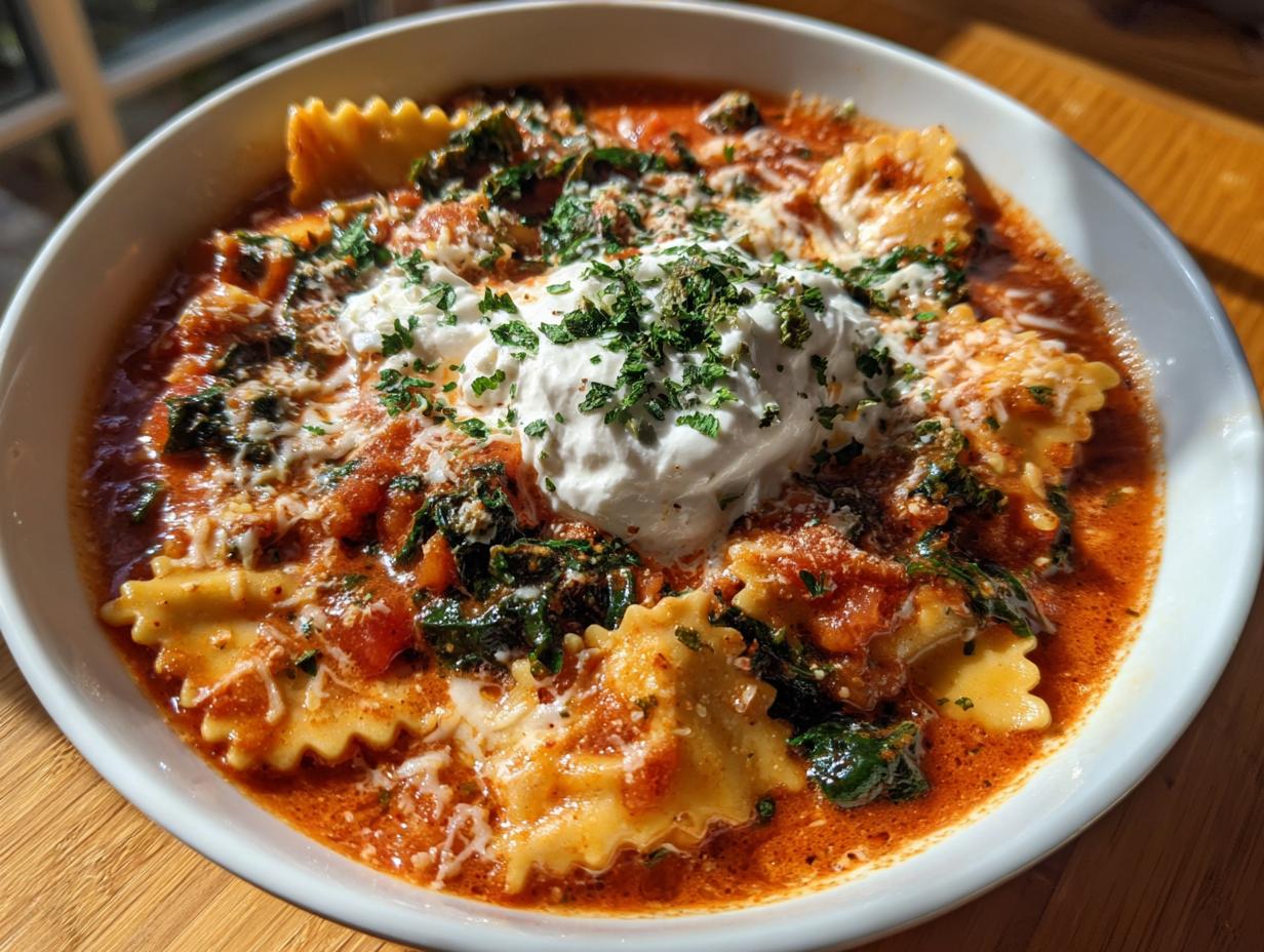 A close-up of a white bowl filled with rich one pot lasagna soup, featuring pasta, tomato broth, greens, and a dollop of ricotta cheese.