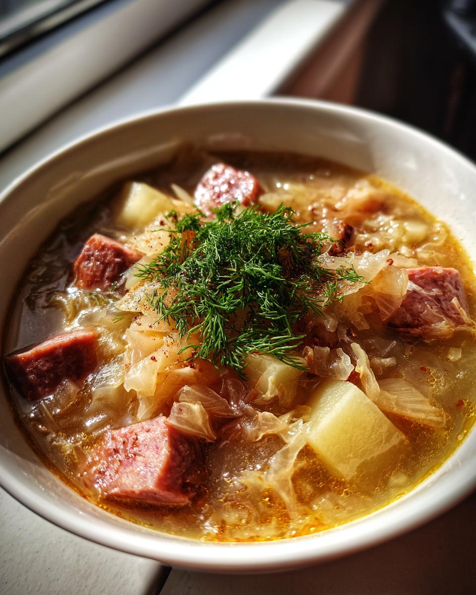 Close-up of a steaming bowl of sauerkraut soup with chunks of sausage, potatoes, and topped with fresh dill.