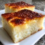Close-up of two moist slices of cassava cake featuring a rich, dark caramelized topping on a white plate.