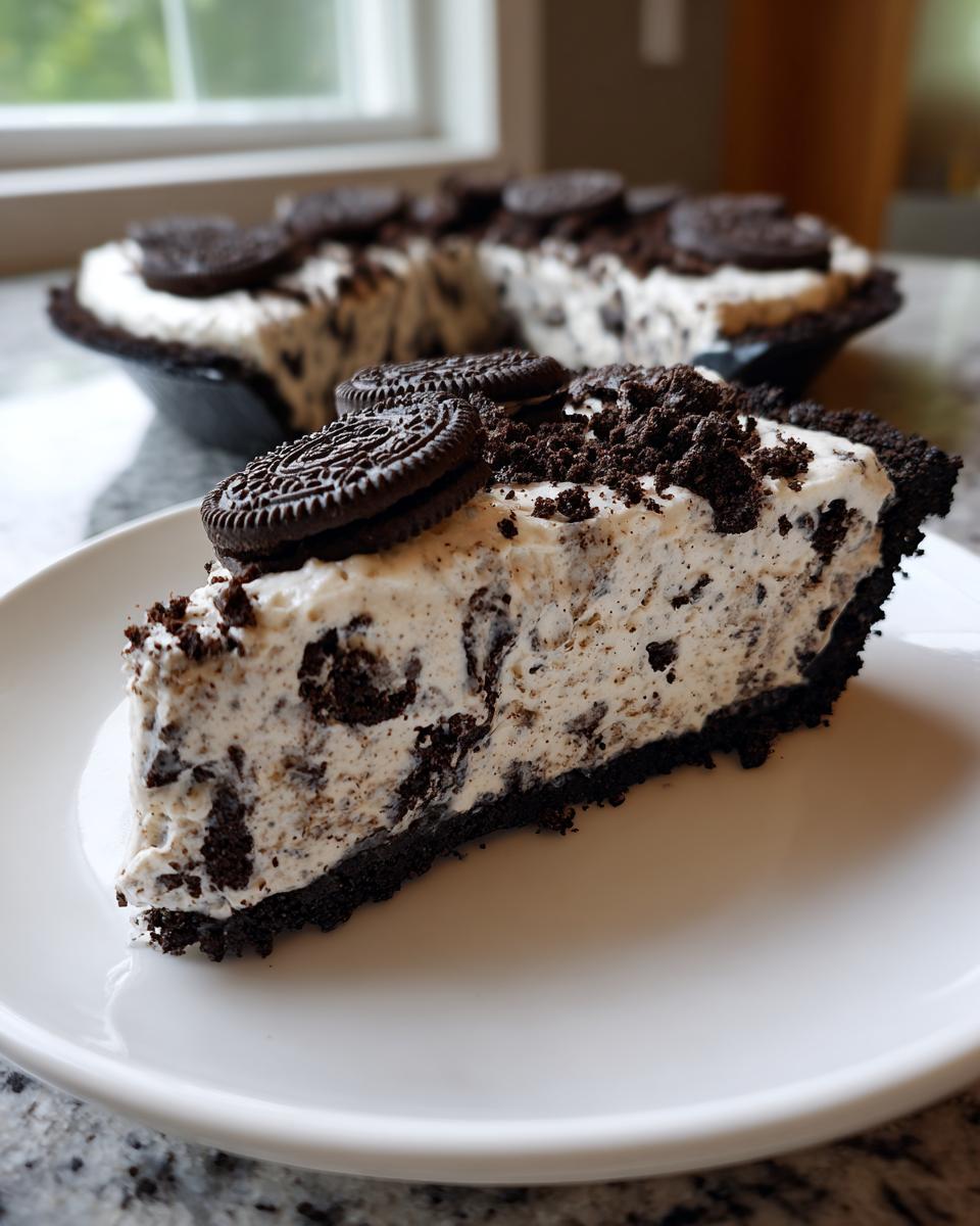 A generous slice of creamy Oreo pie with a dark crust, topped with cookie crumbs and whole Oreo cookies.