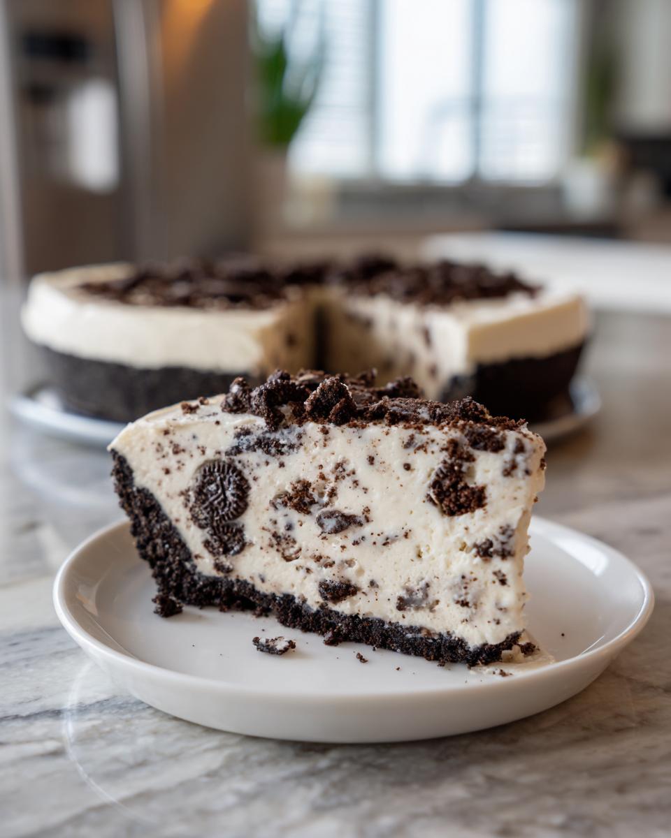 A close-up slice of creamy, no-bake Oreo pie with a dark chocolate crust, topped with cookie crumbles.