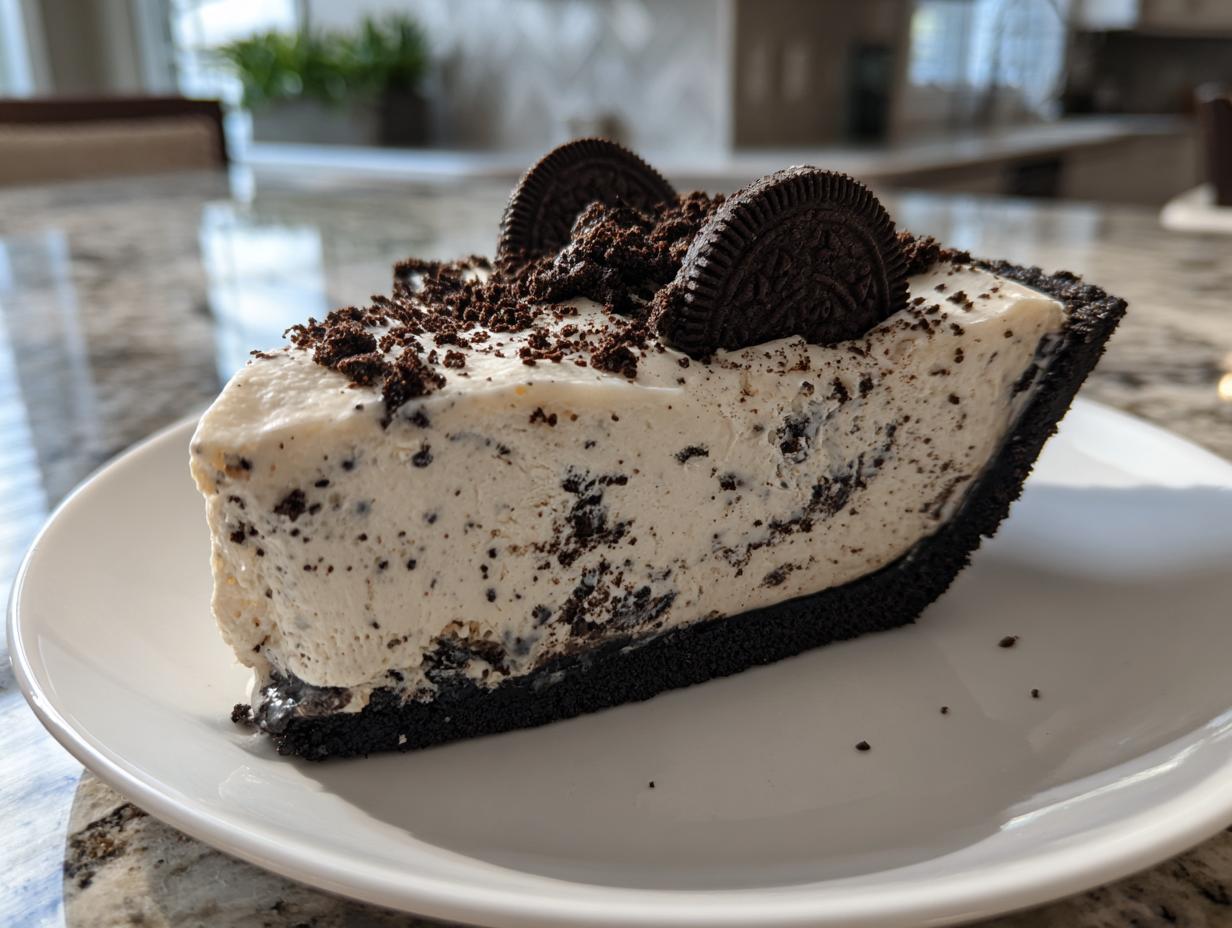 A generous slice of creamy no-bake Oreo pie featuring a dark chocolate crust and topped with crushed cookies and whole Oreos.