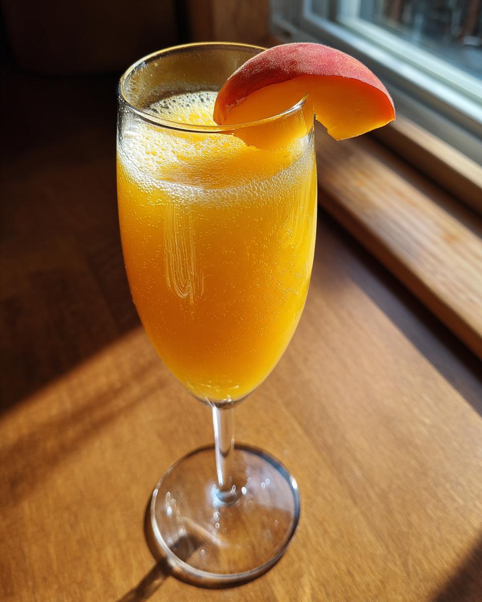 A vibrant, fizzy peach bellini recipe served in a champagne flute and garnished with a fresh peach slice.