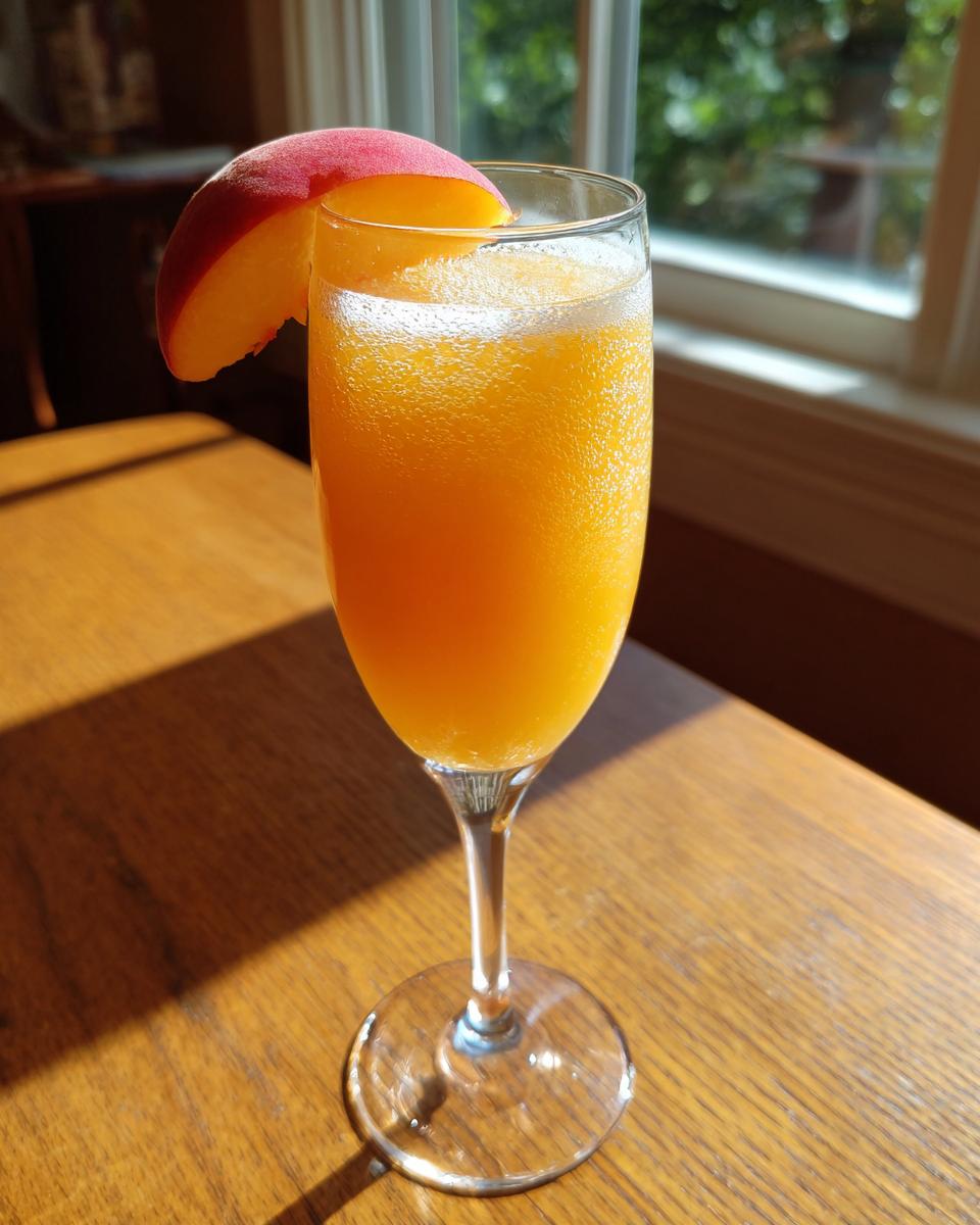 A refreshing, bubbly peach bellini recipe served in a champagne flute, garnished with a fresh peach slice.