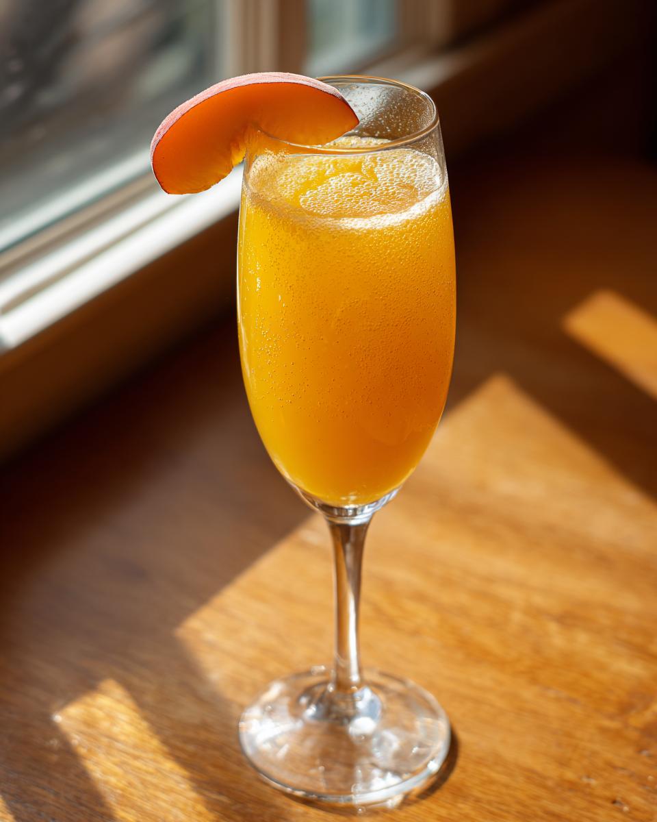 A vibrant, fizzy peach bellini recipe cocktail served in a champagne flute, garnished with a fresh peach slice.