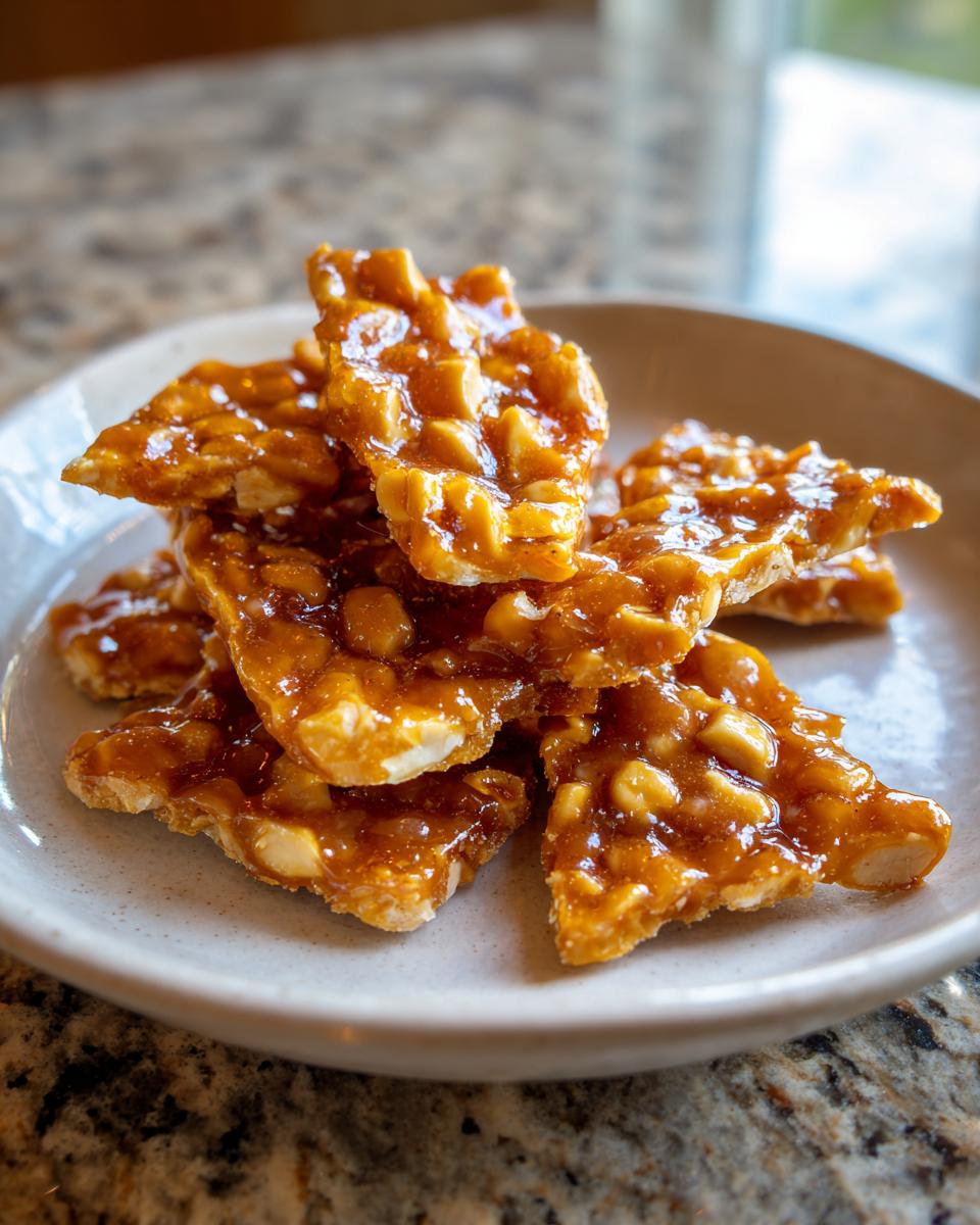 A stack of freshly broken, golden-brown pieces of peanut brittle recipe resting on a light-colored plate.